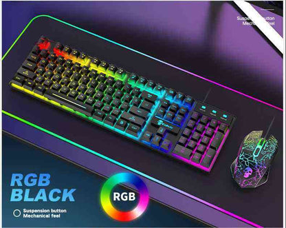Gaming keyboard and mouse set with RGB lighting on a dark surface