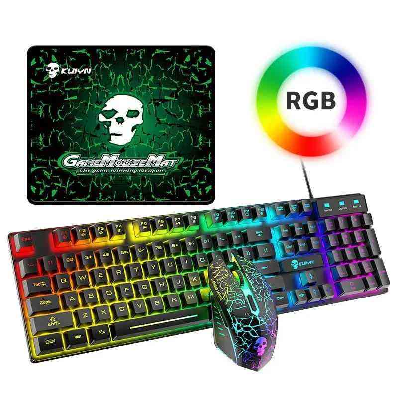 Gaming keyboard and mouse set with RGB lighting, mouse pad, and colorful light indicator on a white background.