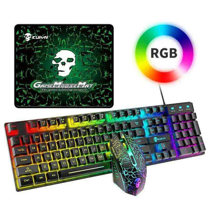 Gaming keyboard and mouse set with RGB lighting, mouse pad, and colorful light indicator on a white background.