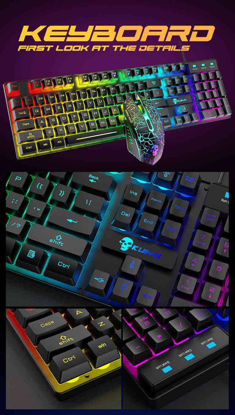 Gaming keyboard with RGB lighting and mouse on a dark background