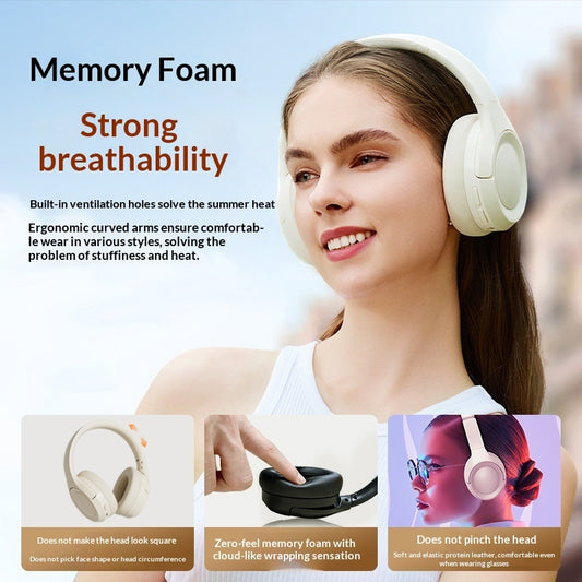 Woman wearing white headphones with text highlighting memory foam and breathability features.