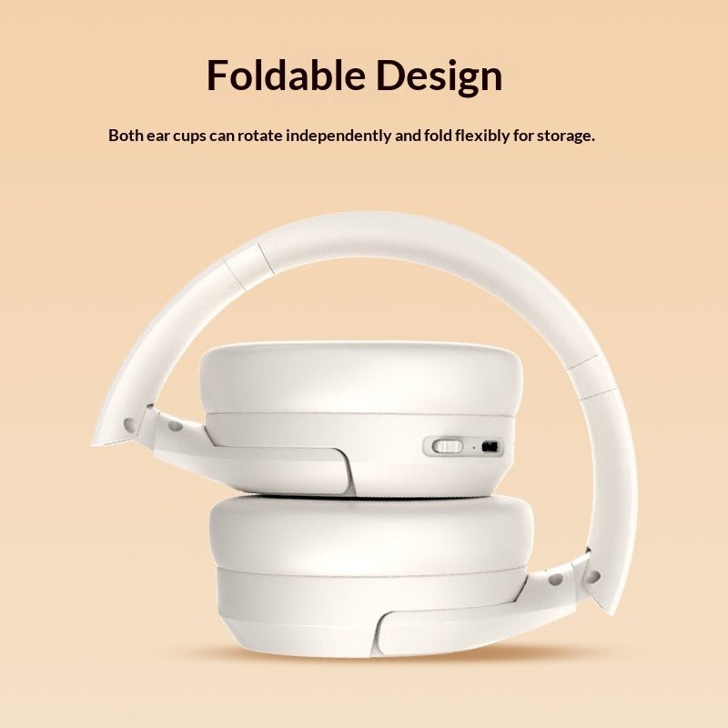 Foldable white headphones on a beige background with text about their design.