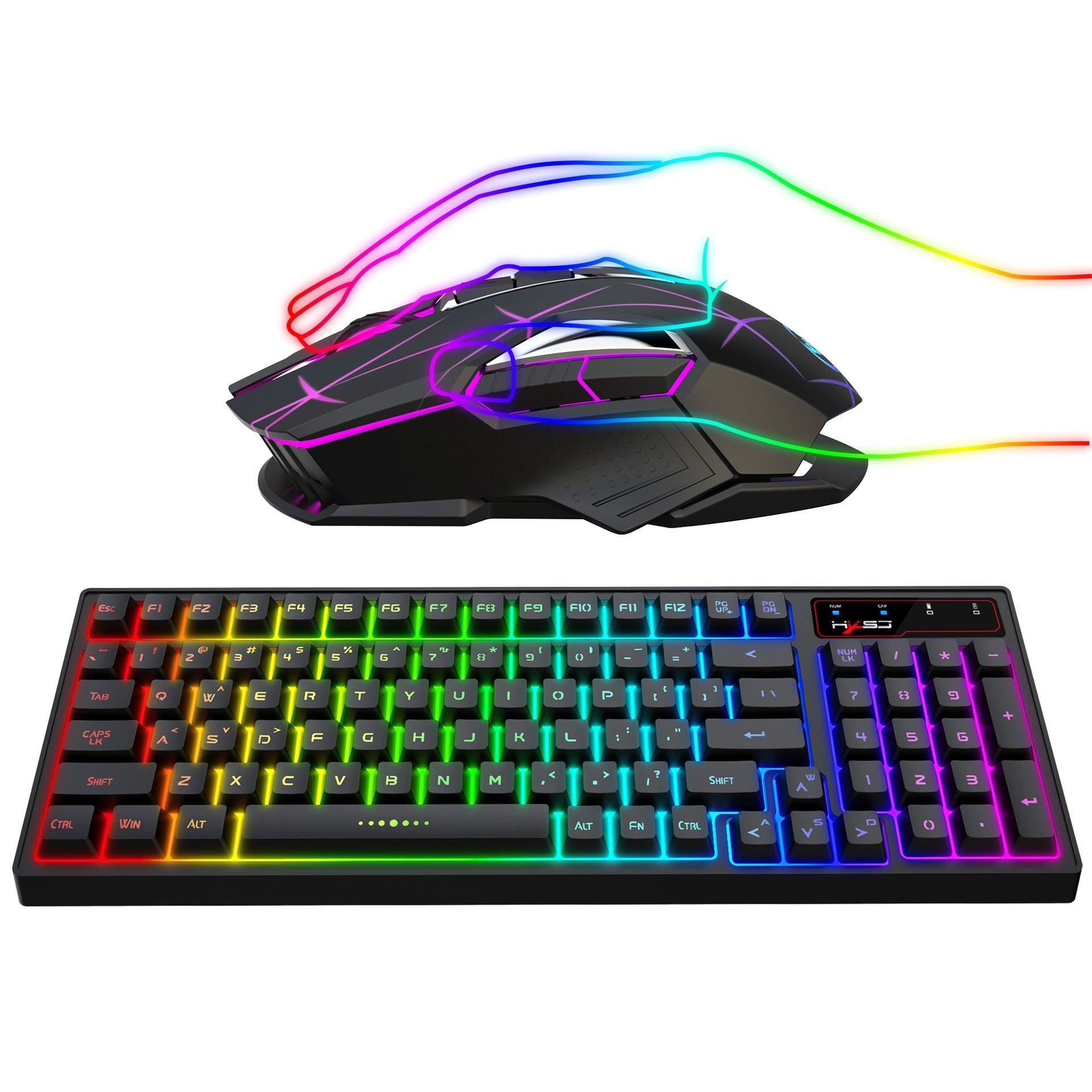 Gaming keyboard and mouse set with RGB lighting on a white background