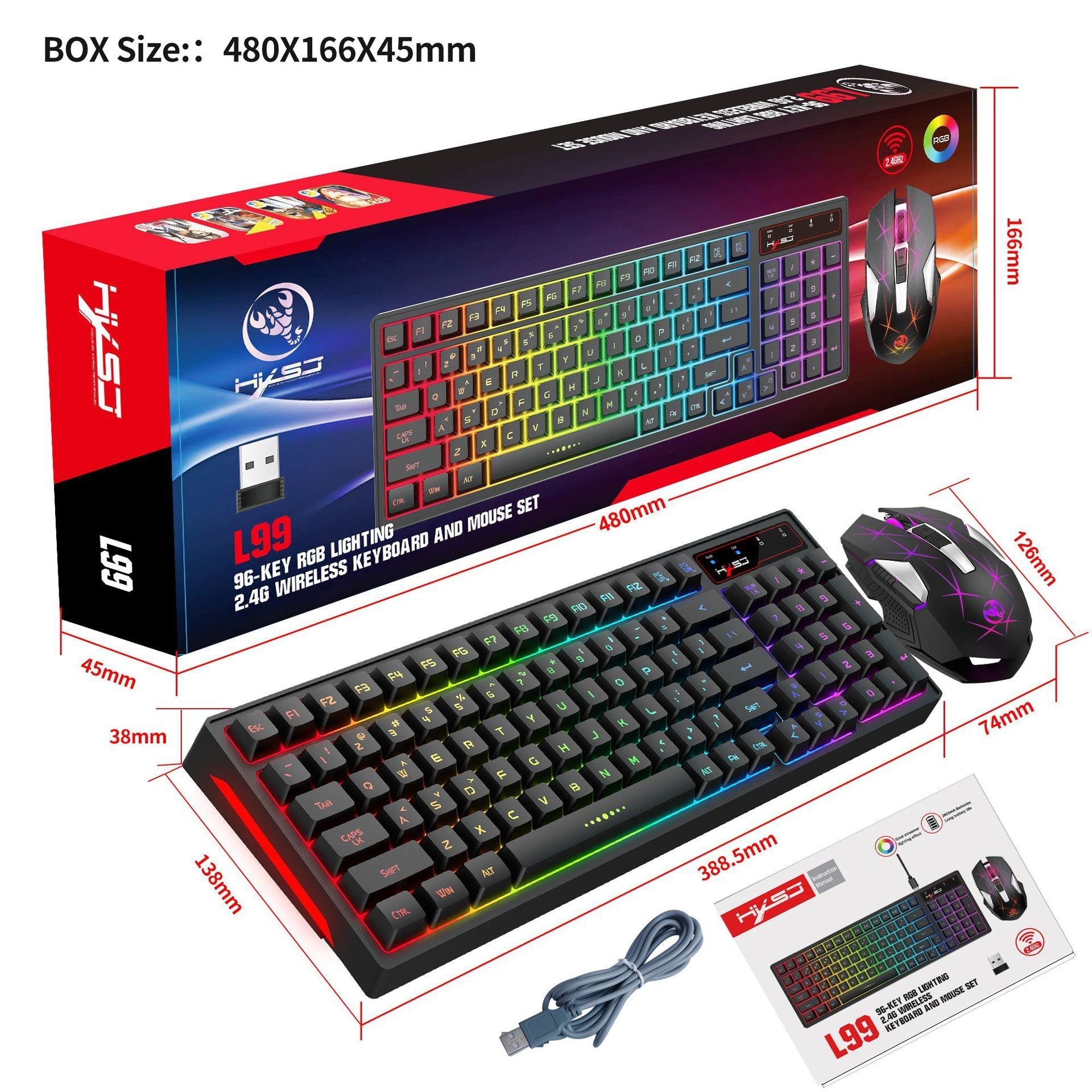 CS-14 L99 99-key RGB lighting wireless keyboard and mouse set with packaging and dimensions.