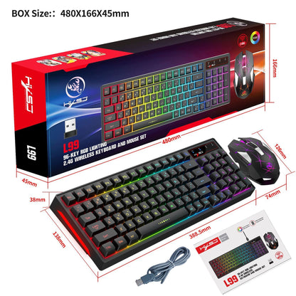 CS-14 L99 99-key RGB lighting wireless keyboard and mouse set with packaging and dimensions.