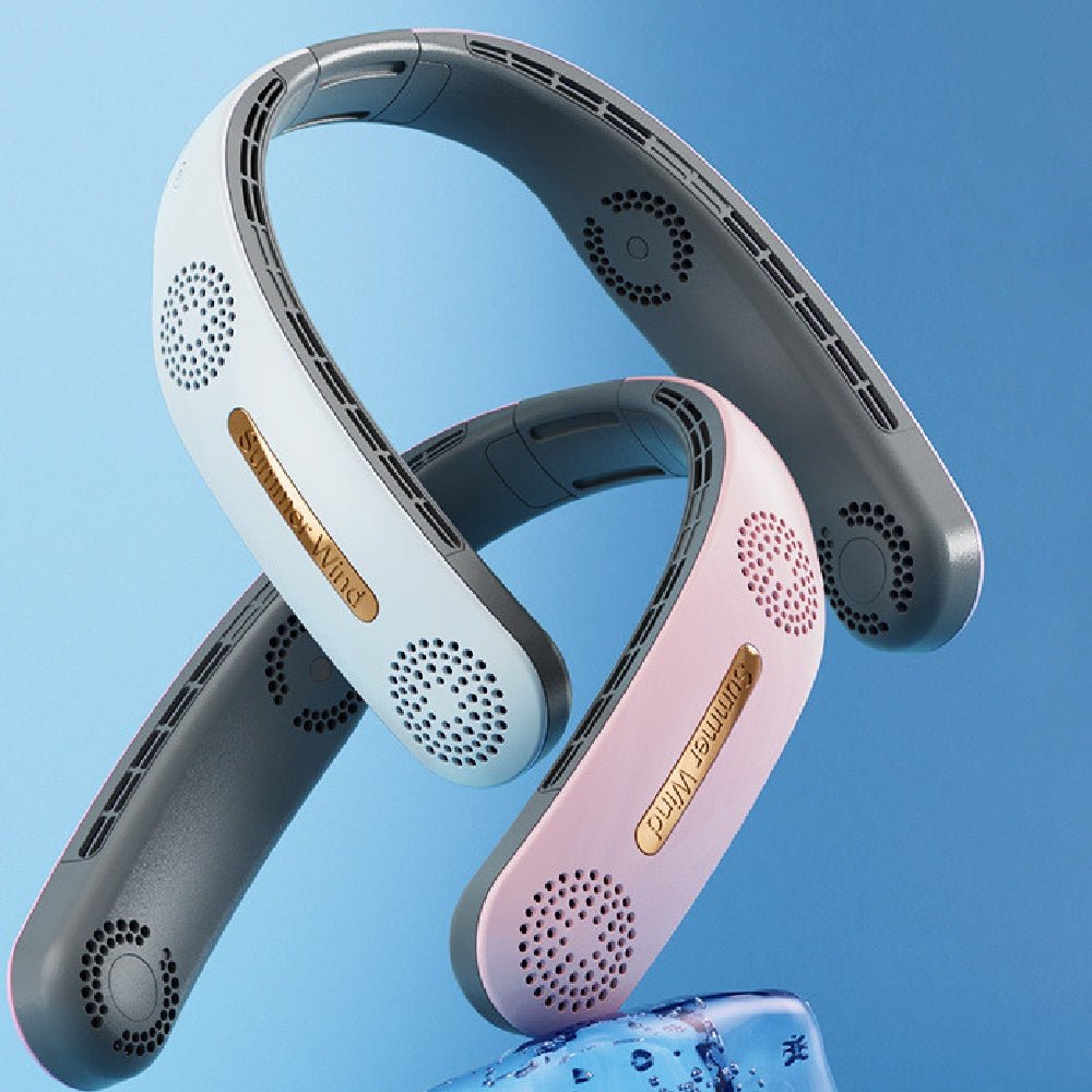 Pair of wireless neck fans with a blue and pink design on a light blue background