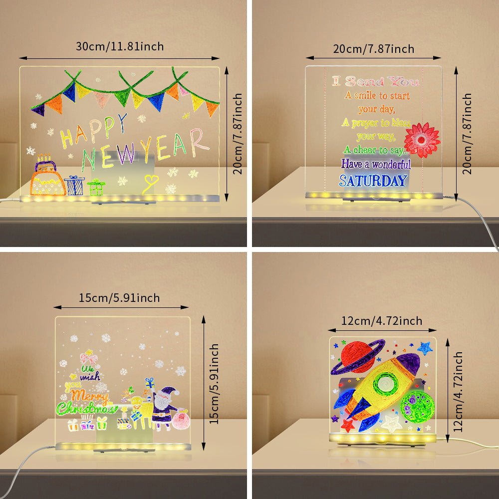 Four LED signboards with different designs and text, each with dimensions displayed.
