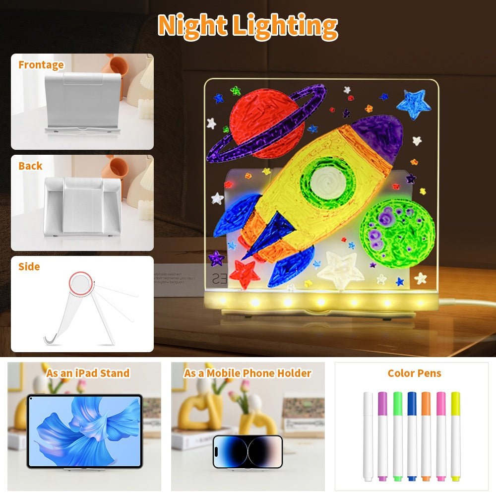 Colorful night light with space-themed design, shown from front, back, and side angles, with additional uses as an iPad stand and phone holder.
