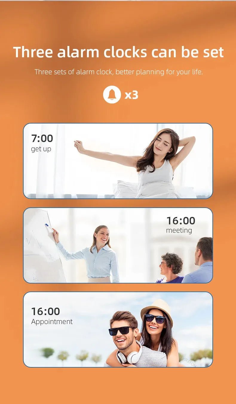 Alarm clock app interface with three different scenes and times on an orange background.