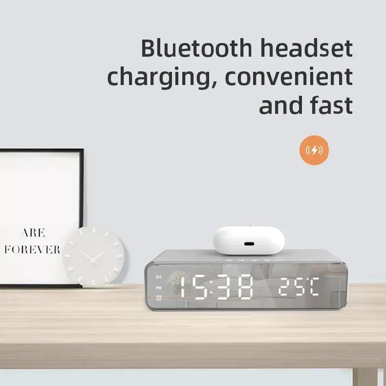 Bluetooth headset charging on a digital clock with text 'Bluetooth headset charging, convenient and fast' on a light gray background.