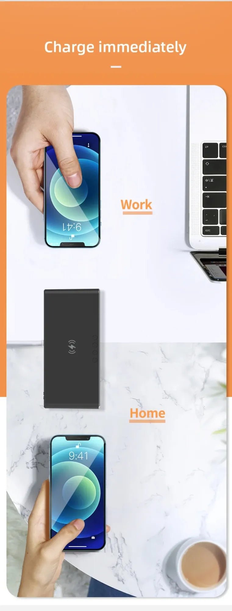 An orange and white promotional graphic showing a portable rectangular power bank being used to charge two smartphones, with labeled sections for 'Work' and 'Home' and the text 'Charge immediately' at the top.