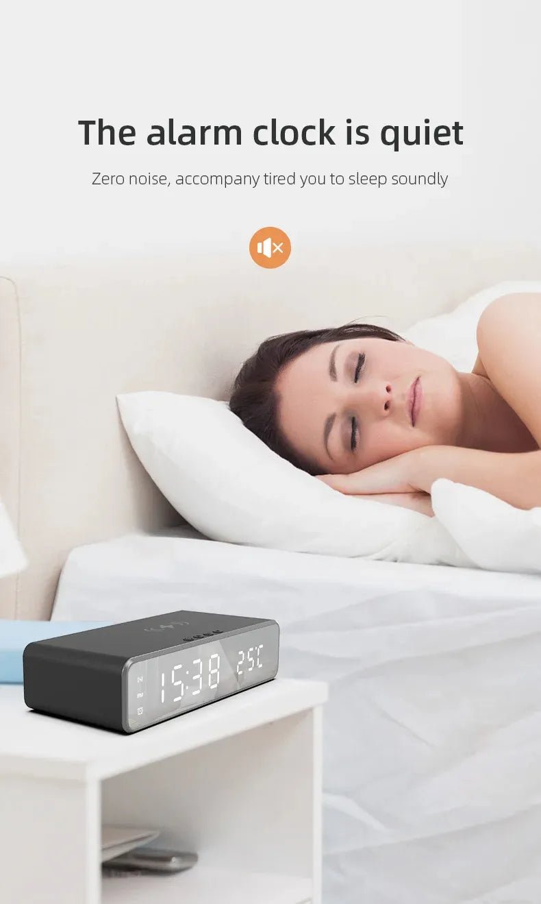 Woman sleeping in bed with a digital alarm clock on the nightstand, featuring the Dozuki brand.