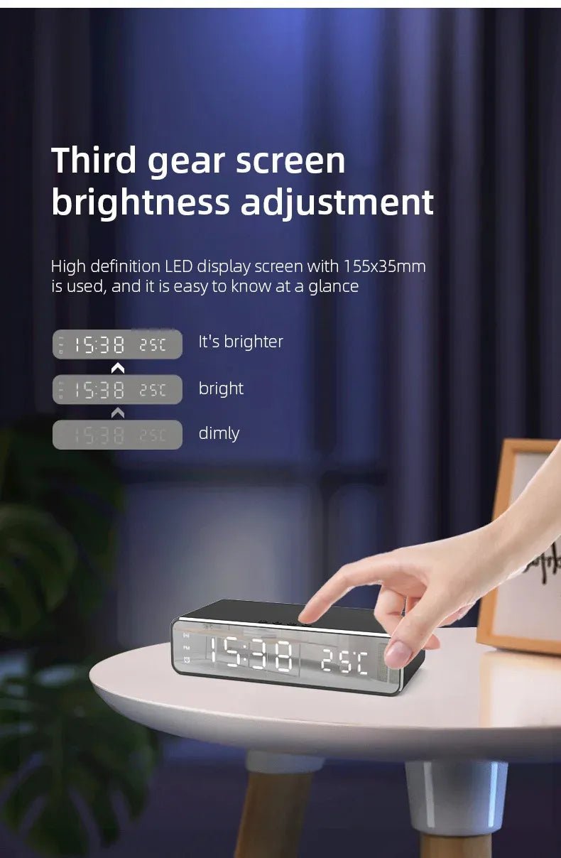 Digital clock with brightness adjustment feature on a table