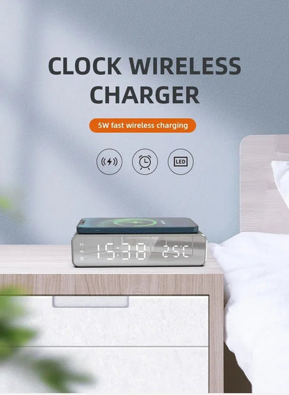 Wireless charger with clock on a nightstand next to a bed