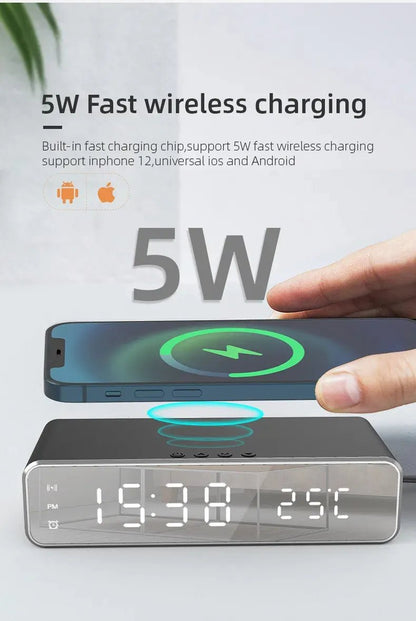 Wireless charging device with digital clock and 5W fast charging feature.