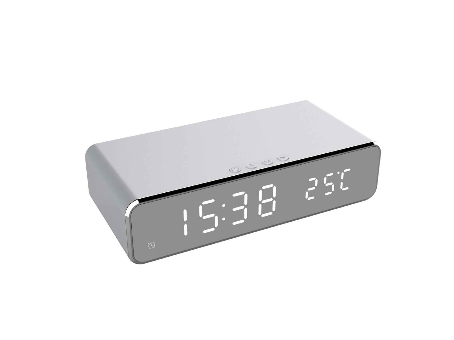 Silver digital clock with LED display on a white background