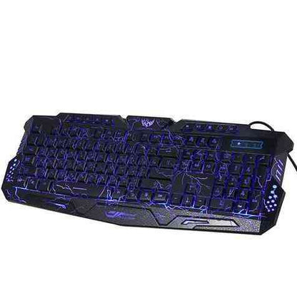 Gaming keyboard with blue backlighting on a white background