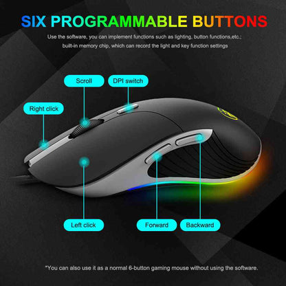 Gaming mouse with labeled buttons on a dark background