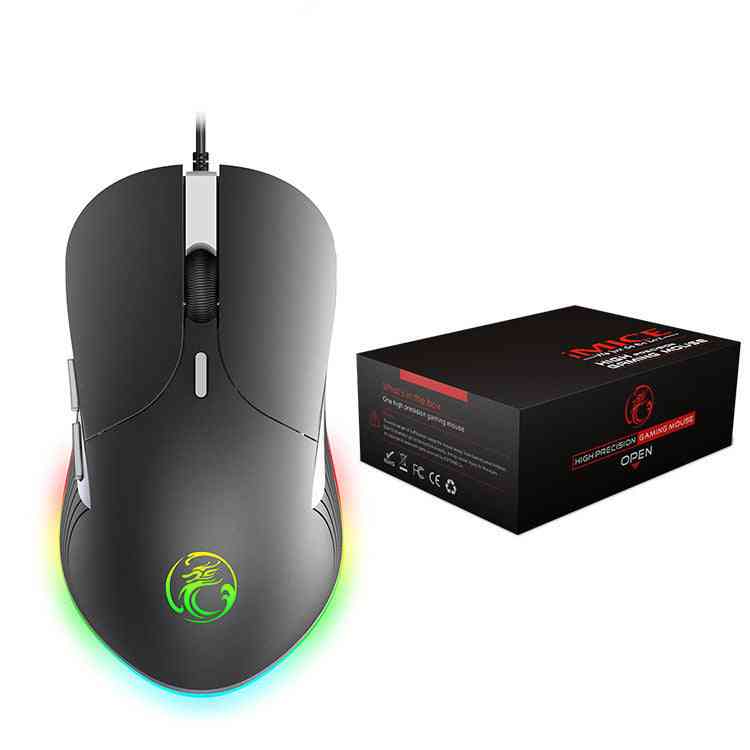 Gaming mouse with RGB lighting and a matching box on a white background