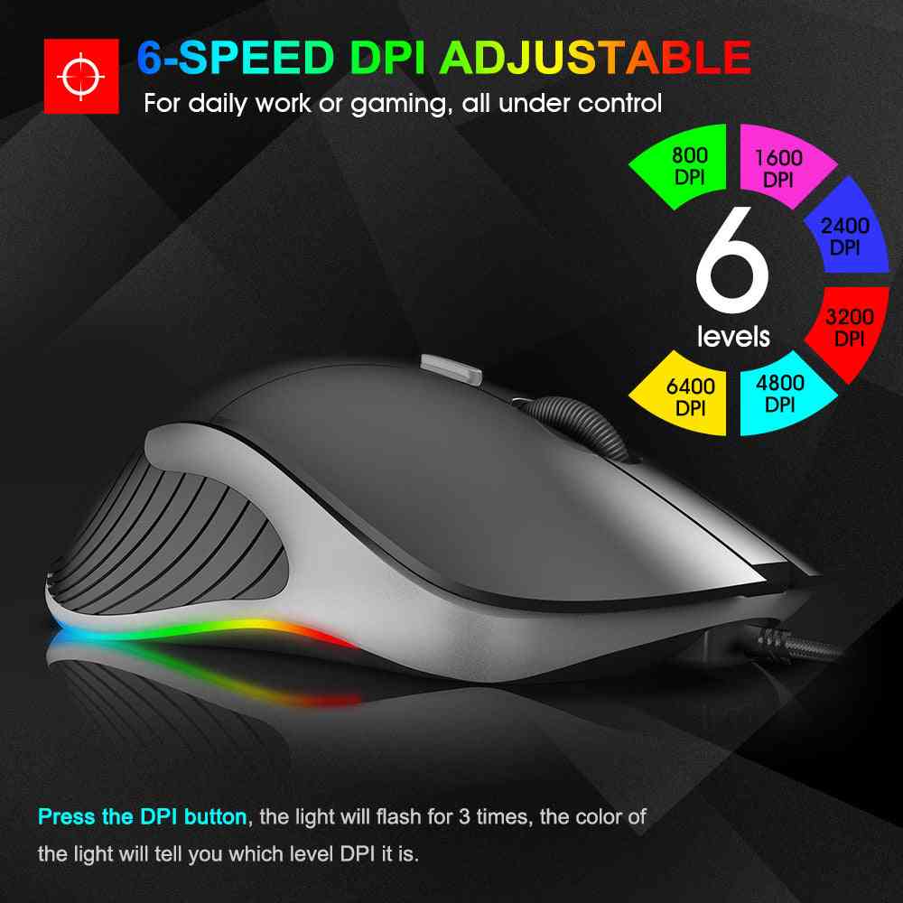 6-speed DPI adjustable mouse with colorful light display on a dark background
