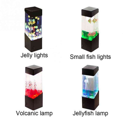 Four different types of lamps labeled 'Jelly lights', 'Small fish lights', 'Volcanic lamp', and 'Jellyfish lamp' on a white background.