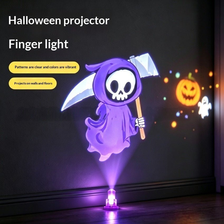 Halloween-themed finger light projector casting a purple grim reaper and orange pumpkin patterns on a dark wall, with text overlays describing the product.