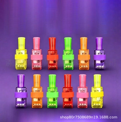 Twelve small colorful plastic clip-on highlighter pens arranged in two rows on a purple gradient background. The pens come in multiple colors including yellow, pink, red, green, orange, and purple, with clear plastic bodies showing the ink cartridge inside.