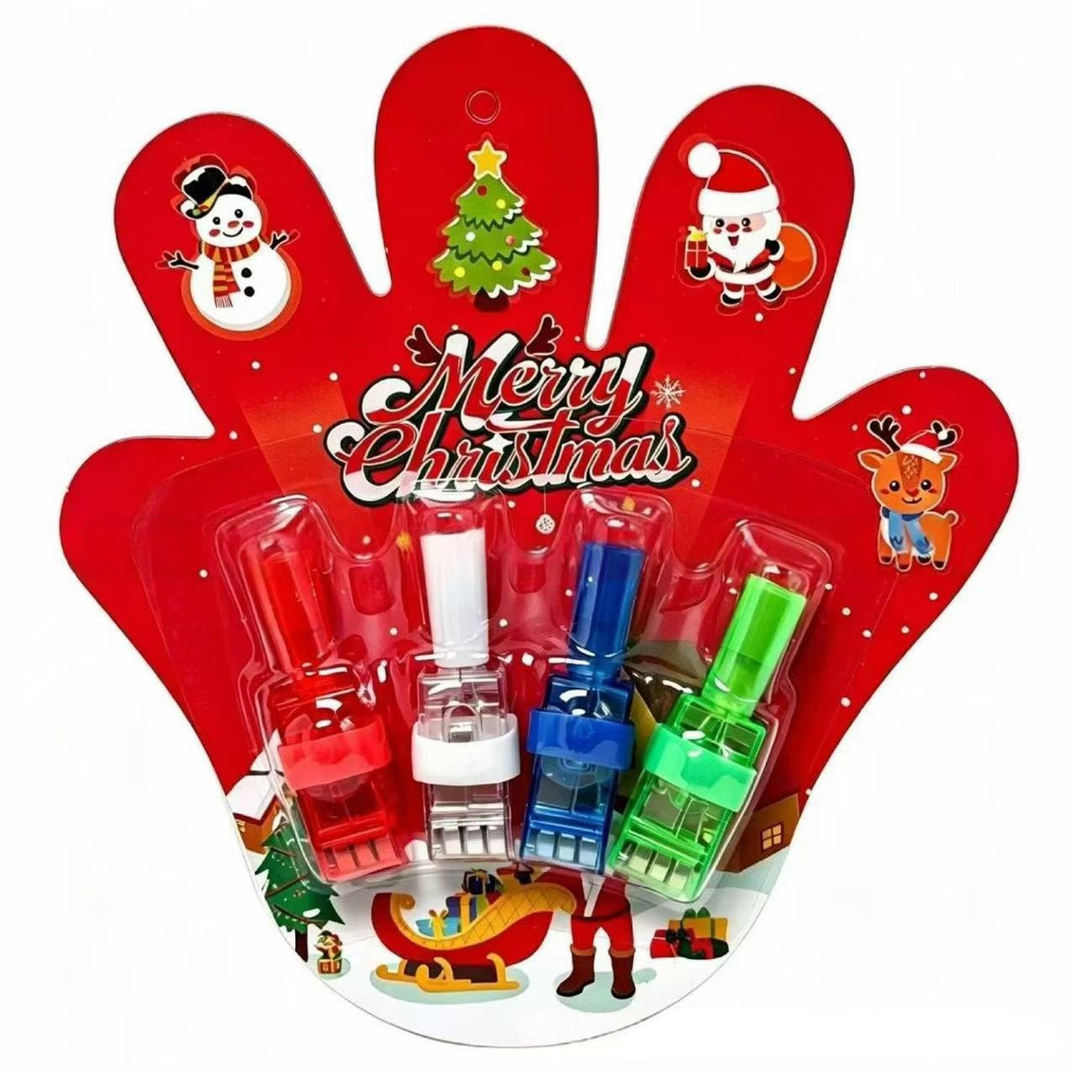 Four plastic Christmas-themed plastic toy tools in red, white, blue, and green, packaged on a red hand-shaped card with 'Merry Christmas' text and holiday illustrations.