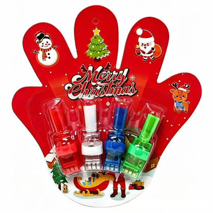 Four plastic Christmas-themed plastic toy tools in red, white, blue, and green, packaged on a red hand-shaped card with 'Merry Christmas' text and holiday illustrations.