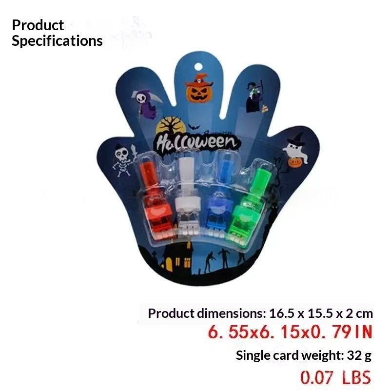 Halloween-themed plastic light-up card set in a hand-shaped packaging card, shown on a white background with product specifications text below. The set includes red, white, blue, and green illuminated cards.