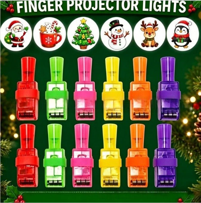 Twelve small projector light clips in assorted colors are arranged in a grid on a dark green holiday background with Christmas illustrations and the text 'FINGER PROJECTOR LIGHTS' at the top.
