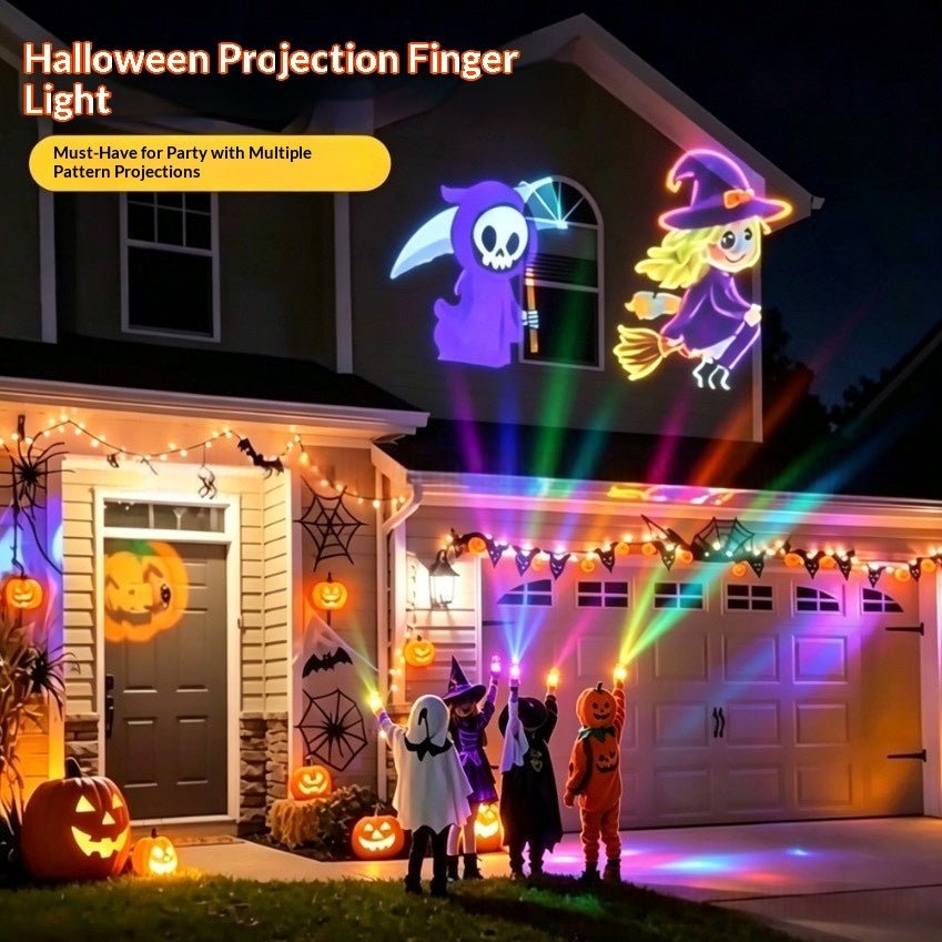 Halloween projection finger light set up on a house exterior at night, casting colorful projections of a grim reaper and a witch onto the garage door and lawn. Children in Halloween costumes stand in the driveway, holding lights.