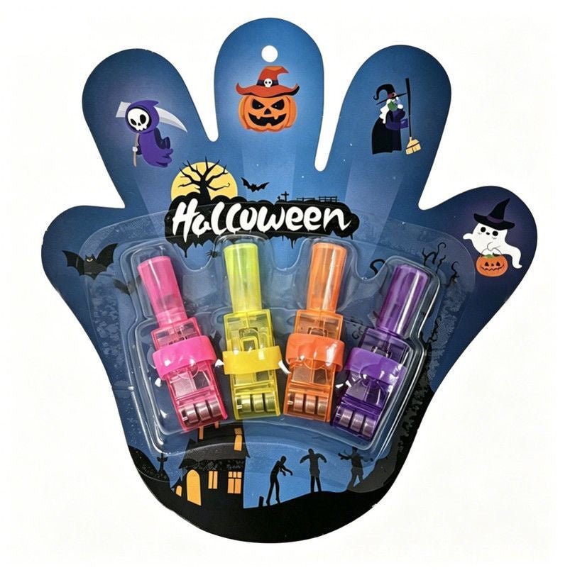 A Halloween-themed hand-shaped packaging card holding four small translucent novelty items in pink, yellow, orange, and purple, with spooky graphics including a pumpkin, witch, ghost, bat, and haunted house on a white background.