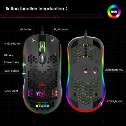 Gaming mouse with labeled buttons and RGB lighting on a black background
