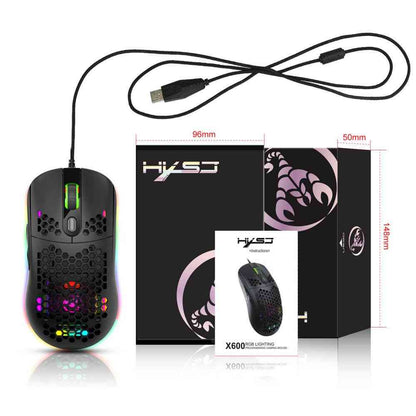 Gaming mouse with RGB lighting, USB cable, and HXSJ branded packaging on a white background