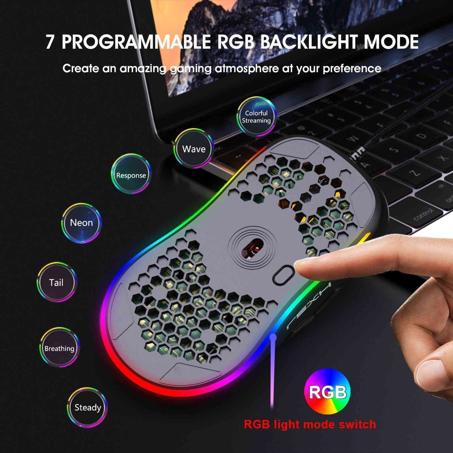 Gaming mouse with RGB lighting and programmable modes in front of a laptop.