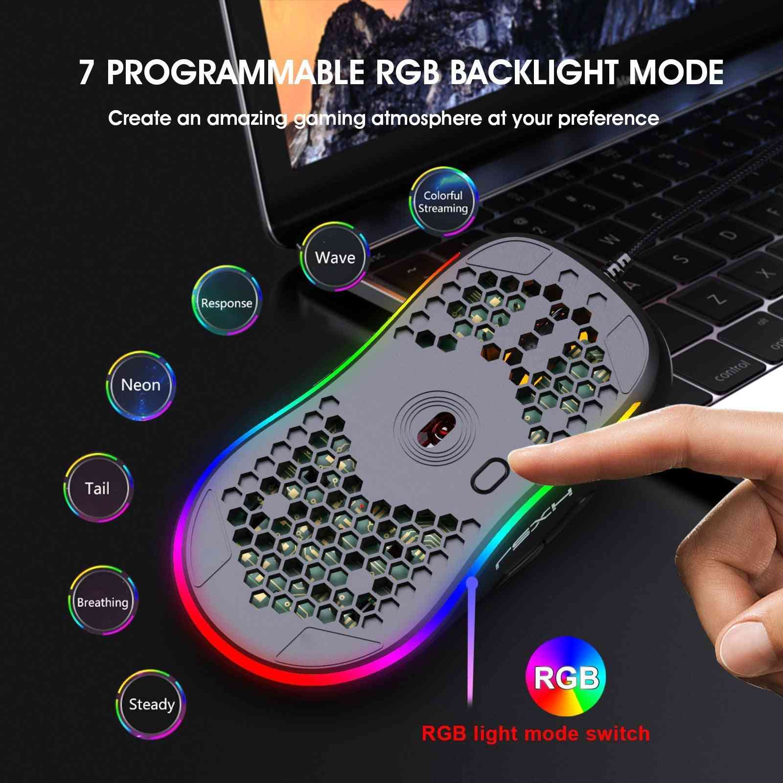 Gaming mouse with RGB lighting and programmable modes in front of a laptop.