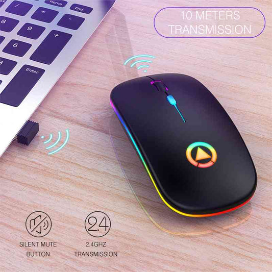 Black gaming mouse with RGB lighting on a wooden desk next to a keyboard, with text indicating transmission distance and features.