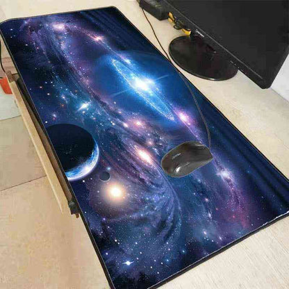 Luminous Gaming Office Keyboard and Mouse Pad Space-themed mouse pad with a mouse on a desk