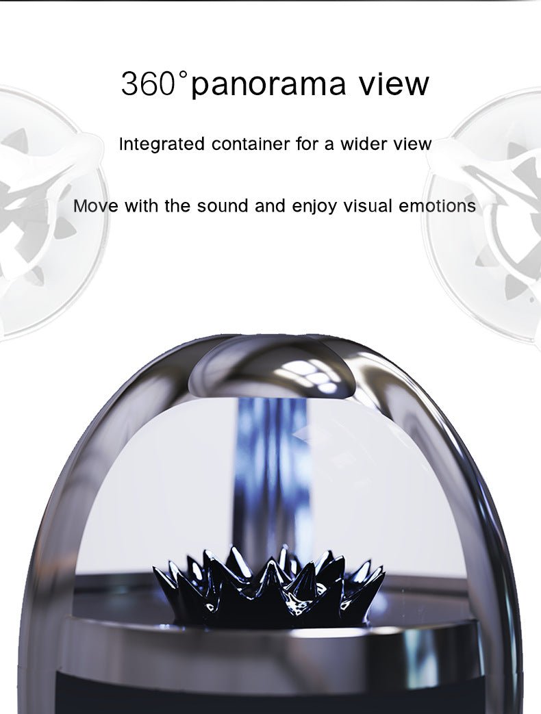 360-degree panoramic view of a metallic object with text on a white background