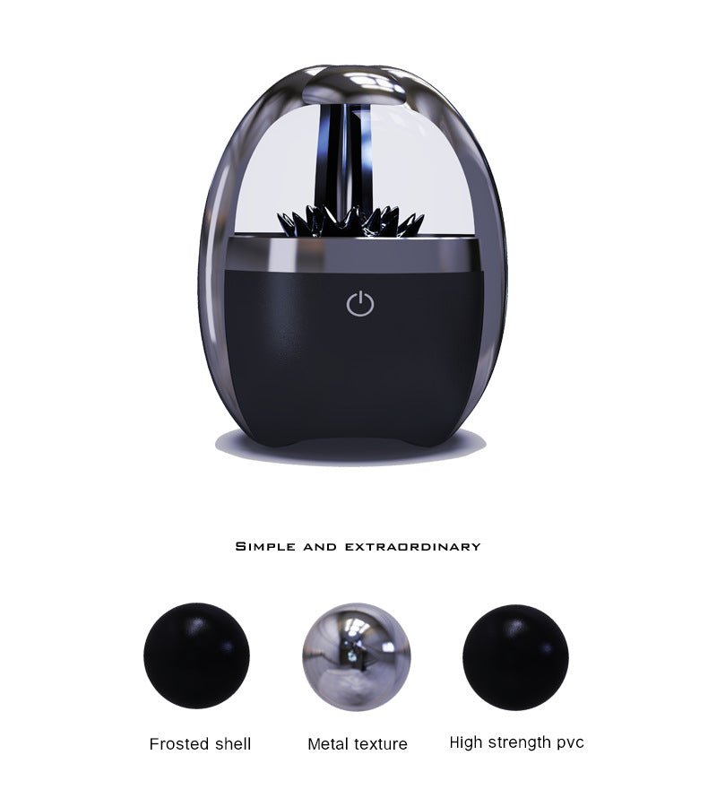 Black and silver electronic device with power symbol on a white background