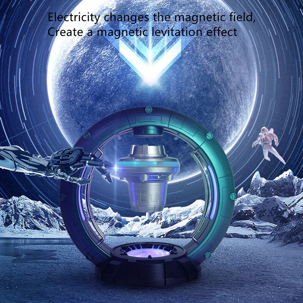 Sci-fi magnetic levitation device on a moon-like surface with text about electricity and magnetic fields.