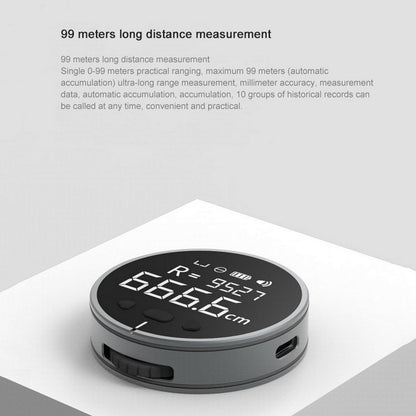 Digital distance measuring device on a white platform with text about measurement capabilities.