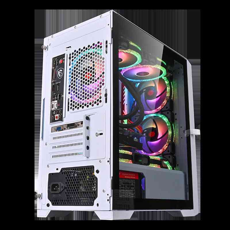 Mini-ITX Vertical Tower Case  with RGB lighting and visible components on a white background