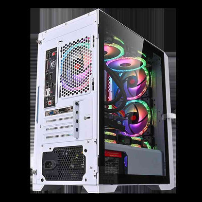 Mini-ITX Vertical Tower Case  with RGB lighting and visible components on a white background