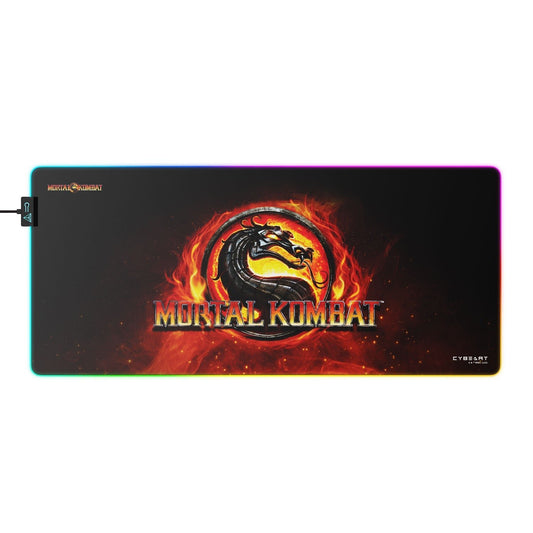 Mortal Kombat logo on a gaming mouse pad with flames