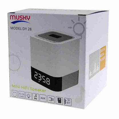 Box packaging of a Musky mini HiFi speaker with digital clock display.