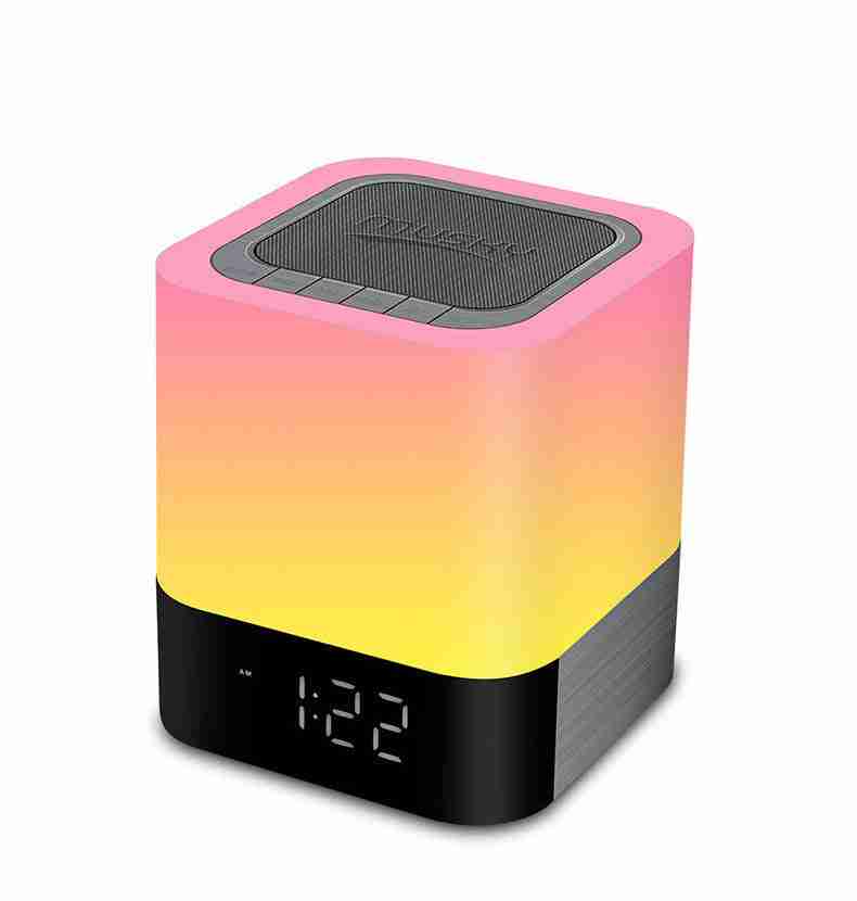 Colorful LED lamp with digital clock on a white background