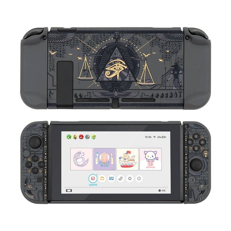 Gaming console with Egyptian-themed design on top and home screen on bottom