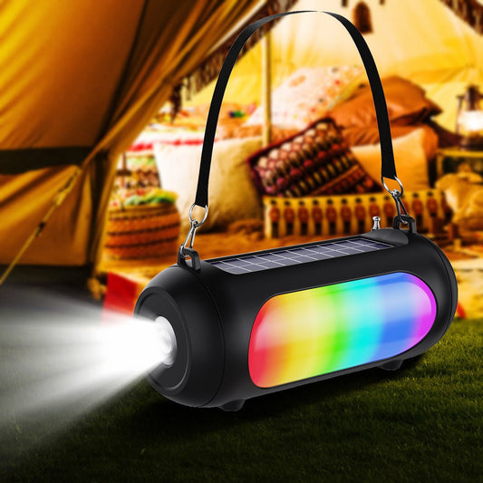 Black portable lantern with colorful LED light and flashlight功能, camping background